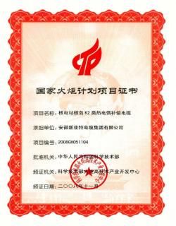 國家火炬計劃項目證書