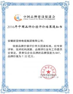 2016年中國品牌價值評價書