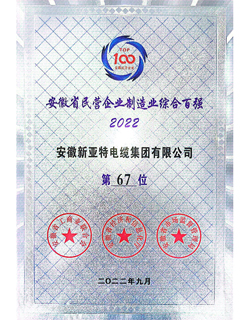 2022年安徽省制造業(yè)綜合百強企業(yè)獎牌